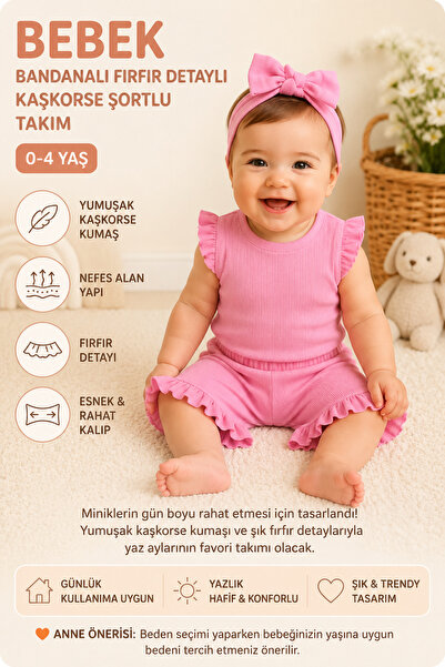 eymwes Kız Bebek Çocuk Yazlık Ribana Kumaş Bandanalı Fır Fır Detaylı Şortlu T...