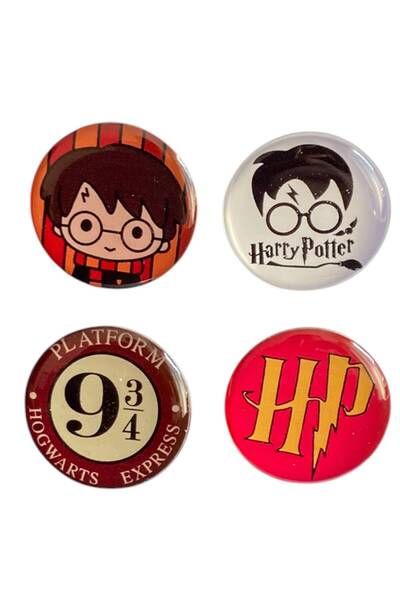 Yaya Dizayn Harry Potter Temalı 4'lü Parlak Baskılı Metal Rozet Seti