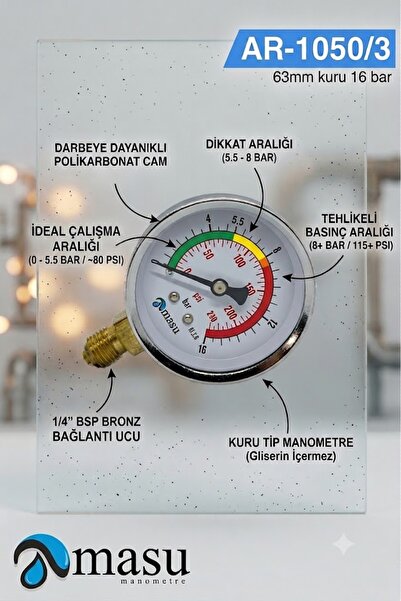 Arus MANOMETRE 63 MM 16 BAR KURU ALTTAN BAĞLANTILI