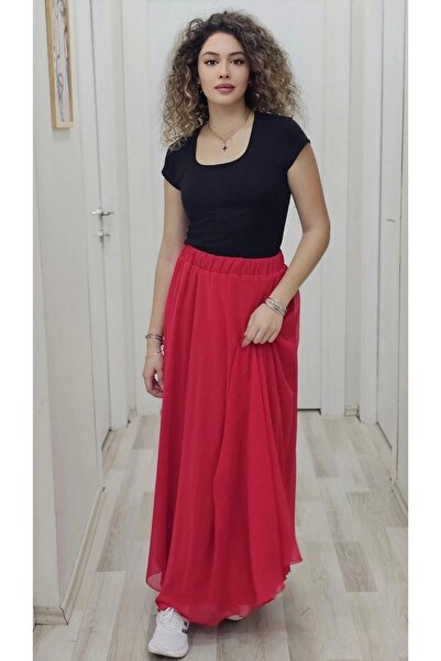 lodmela Bel Lastikli Kloş Şifon Etek 6003-Kırmızı
