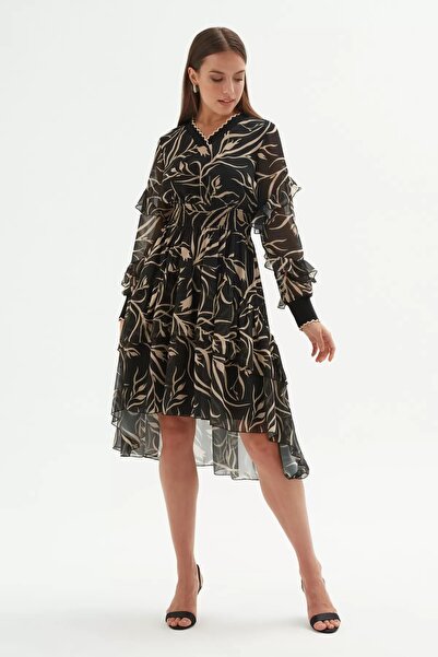 rapellin V-Neck Skirt Gathered Dress 1779-Black/Mink