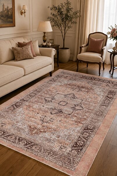 Serente Home Otantik Desenli Yıkanabilir Kaymaz Taban Şönil Kahverengi Salon ...