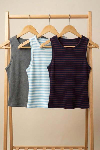 COTENCONCEPT 3 Pieces of Ribbed Fitted Viscose Blended Strappy T-Shirt