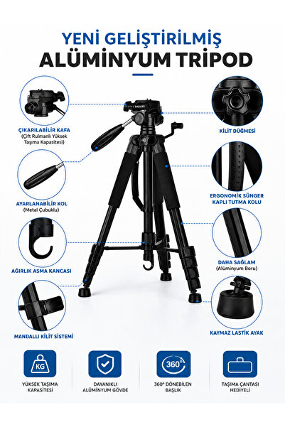 Genel Markalar 175 Cm Ayarlanabilir 360° Dönebilen Taşıma Çantalı Tripod Profesyonel Çekim Doğada,Evde,Stüdyoda