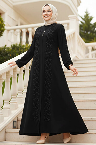 Neva Style عباية محتشمة سوداء مزينة بالخرز - 29127S