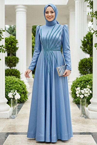 Neva Style Boncuk İşlemeli İndigo Mavisi Saten Tesettür Abiye 2265IM