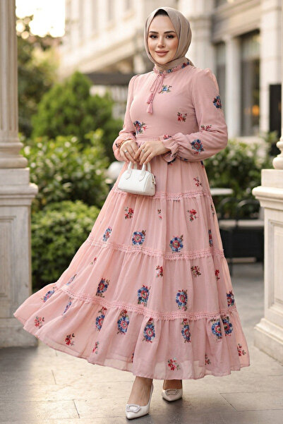 Neva Style Çiçek Desenli Pudra Tesettür Elbise 32816PD