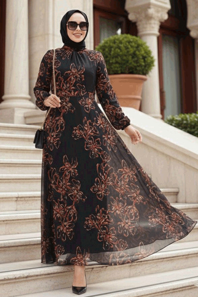 Neva Style فستان حجاب أسود منقوش بالزهور 279911 س