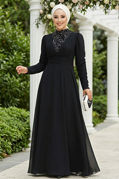Neva Style Pul Payet Detaylı Gümüş Tesettür Abiye Elbise 56280GMS