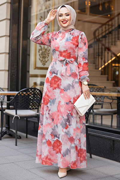 Neva Style Floral Patterned Red Hijab Dress 27990K