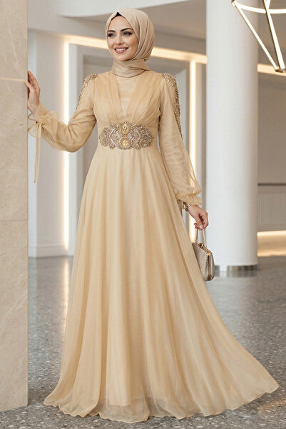 Neva Style Bead Detailed Gold Hijab Evening Dress 2249Gold