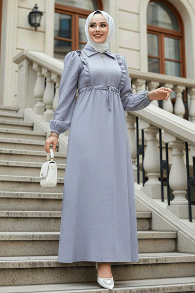 Neva Style Zippered Gray Hijab Dress 17021Gr