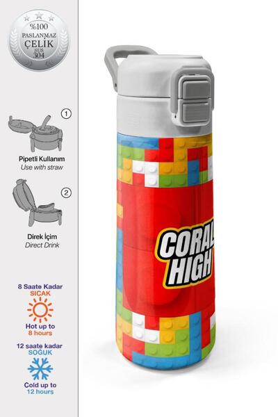 Coral High Kids Block Patterned Straw and Direct Drinking Steel Thermos 500 ml 31991