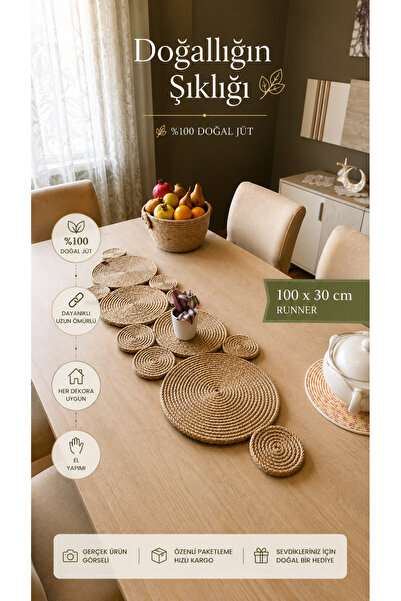Rope Decor مفرش من قش الجوت الطبيعي، 100 × 30 سم، غطاء طاولة القهوة مصنوع يدو...
