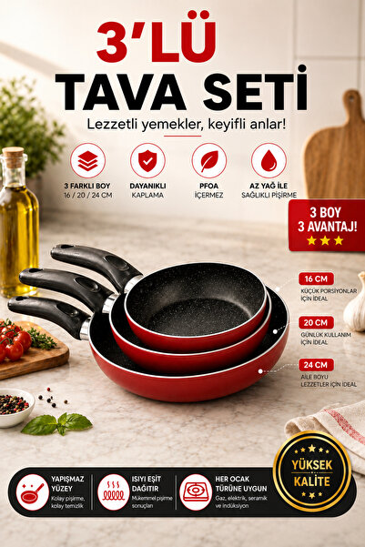 ELİSA Teflon Tava Seti 16+20+24 Cm Kırmızı Renk Teflon Tava Seti Yanmaz Yapış...