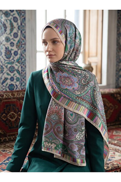 Vissona %100 Saf İpek Şal İnce Saten Vual Dokuma Etro Desenli Taş Renkli 90x2...