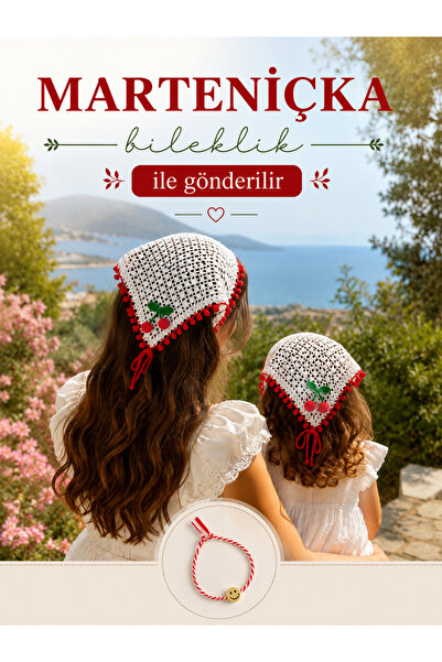 Seyn Accessory Bileklik Hediyeli Anne Kız Kirazlı Örgü Bandana Ponponlu Tığ İ...
