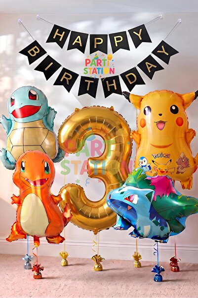 Parti Station Pokemon Konsept 3 Yaş Doğum Günü Balon Set Pokemon Pikaçu Balba...