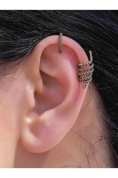Esha Store Vintage Antik 2'li Deliksiz Ear Cuff Ayarlanabilir Yılan Model Kık...