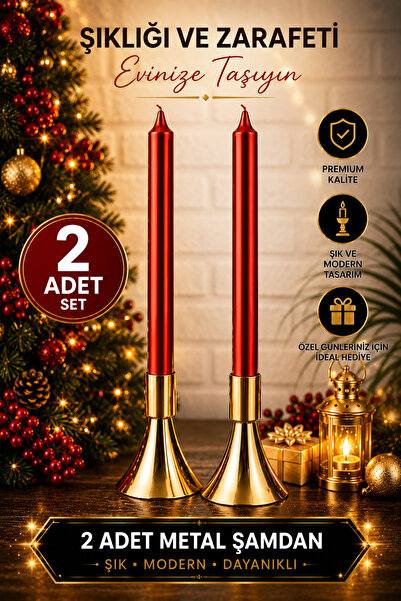 gülis PURE 2'li Şamdan Seti Küçük Gold Simli Renk Dekoratif Metal Simli Pasla...