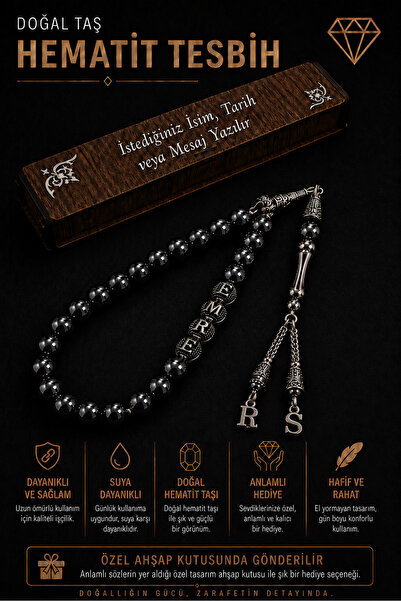 Steel Art Kuyumculuk Kişiye Özel İsimli Hematit Doğal Taş Tesbih Hediyelik Ah...
