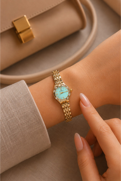 Boris Accessory Women's Stone-Studded Gold Watch – Blue Dial Elegant Wristwat...