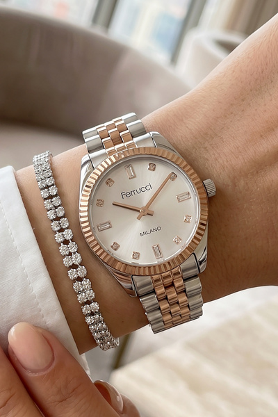 Ferrucci Bileklik Hediyeli Rose/Metalik Kadın Kol Saati 35 mm Baget Taşlı Çel...