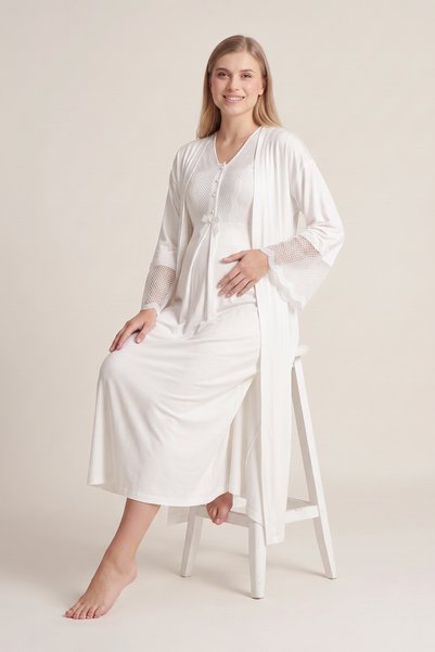 ERDENİZ TEKSTİL Maternity Nightgown and Robe Set/Cotton Postpartum Set/Short-Sleeved Nightgown/Lace, Piped Collar