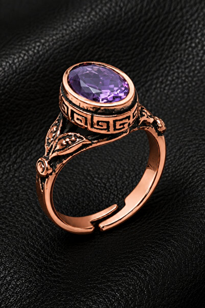 OSMANLI GÜMÜŞ Women's Copper Ring with Amethyst Natural Stone Oval Model Copp...