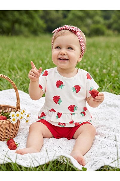 Civil Baby Strawberry Print Shorts Set for 6-18 Months - Ecru 9-12 Months