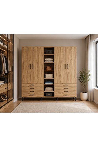 Dienni Kronos Dolap 10 Raflı 8 Çekmeceli 2 Askılı 220x59x243 Çam-Çam/Çam