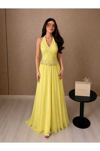SAMEERAH STYLE Lemon Yellow Evening Dress with Beads and Sequins