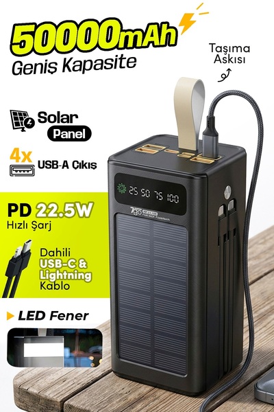 7GO GPW-01 50.000 mAh Solar Powerbank – 22.5 W Hızlı Şarj, Dahili Kablolu, LE...