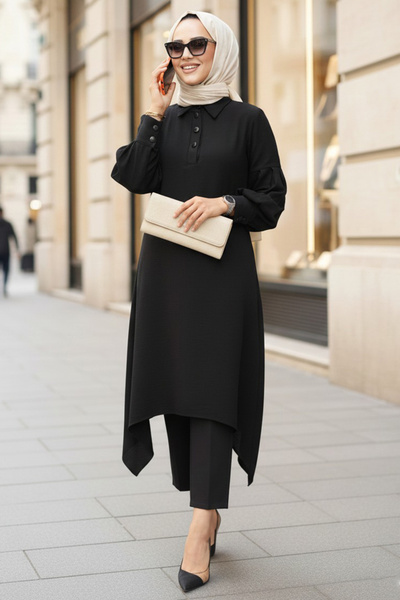 Neva Style Asimetrik Detaylı Siyah Tesettür Tunik 615S