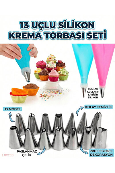 LOVYCO 13 Parça Silikon Takım Krema Sıkma Torbası Pasta Krema Torbası Kek Süs...