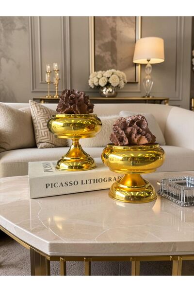 ArzzHome Dekoratif 2 Li Mercan Ayaklı Kutu Gold & Tarçın