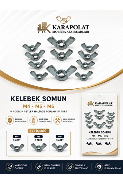 KARAPOLAT Kelebek Somun M4/ M5 / M6 5 Adet 3'lü Set (15 adet)