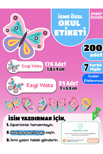papermoods İsim Yazılabilen Okul Etiketi, Kalem Etiketi Defter Etiketi Kelebe...