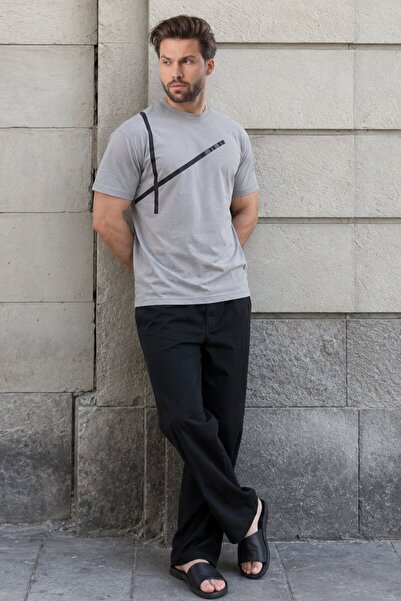 Madmext Painted Gray Crew Neck Stripe Detailed Cotton Men's T-Shirt E7033