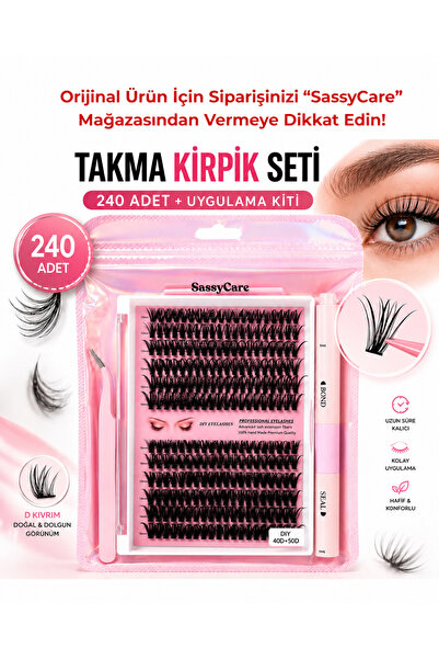 SassyCare 240’lı Takma Kirpik Seti – Yapıştırıcı, Sabitleyici, Cımbız ve Kirp...