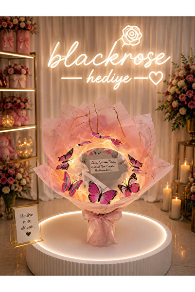blackrosehediye Uzun Saplı Pembe LED Işıklı Aynalı Kelebek Buketi | Sevgiliye...