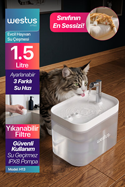 Westus inPets H13™ 1.5L Ultra Sessiz Evcil Hayvan Kedi Köpek Su Pınarı Çeşmes...