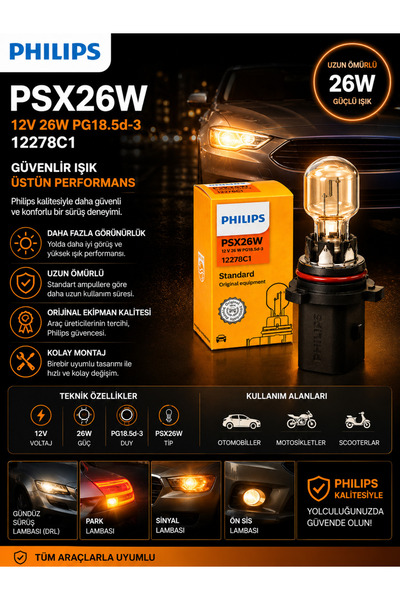 Philips PSX26W 12V 26W Sis Farı ve Gündüz Farı (DRL) Ampulü 12278C1 PG18.5d-3...