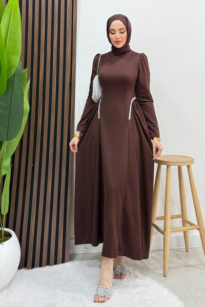 Lamia Giyim Polyana Krep Abiye Acı Kahve