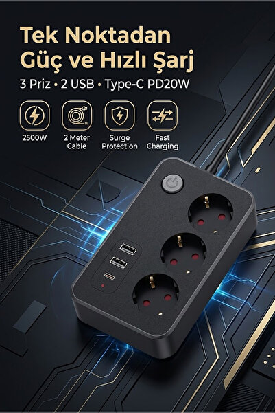 The Wlue 3'lü Akım Korumalı Priz 2500W | 2x USB-A + Type-C PD 20W | 2 Metre Uzatma Kablosu