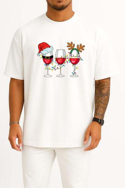 Bahriyeli Collection Oversized New Year's Wine and Hat Chest Design Unisex T-...