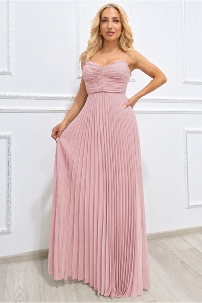 FashionForYou Rochie lungă plisată NYSA UNI, cu legătură la spate, Roz, Mărim...