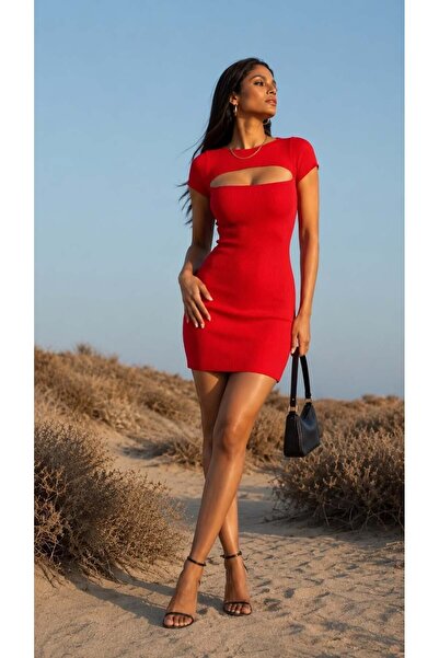 Modafeminen Chest-Cut Ribbed Mini Dress Red Itr0283