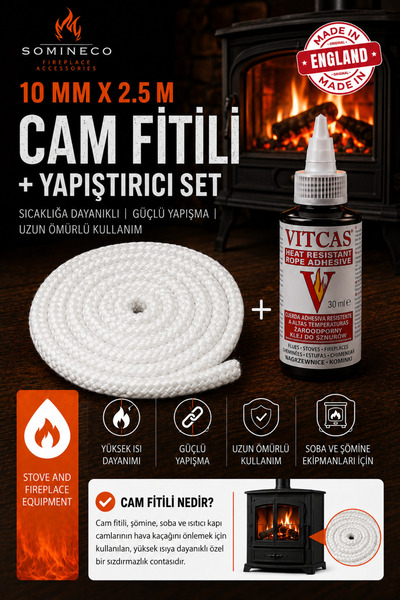 SOMINECO Fiberglass Beyaz Yanmaz Soba Şömine Fitili 10 mm X 2.5m Vıtcas Yapış...