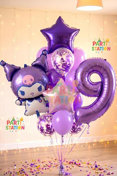 Parti Station Sanrio Kuromi 9 Yaş Mor Balon Set Anime Hello Kitty Kuromi Kons...